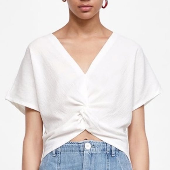 Zara Tops - Zara Front Twist Knot Top Short Sleeve White Crop Top T-Shirt Size L